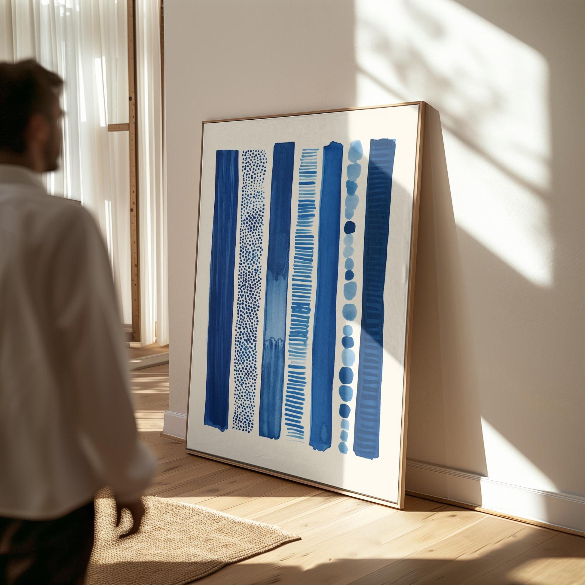 Blue Abstract Striped Canvas Print Modern Geometric Minimalist Wall Art for Living Room or Office Decor