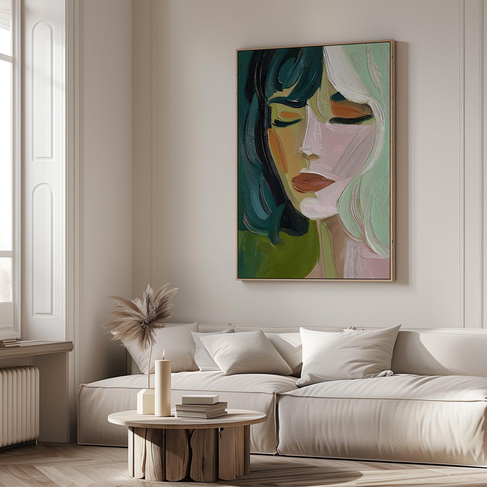 Close-up detail of Green and Yellow Abstract Portrait: Figurative canvas print showing colour and print quality