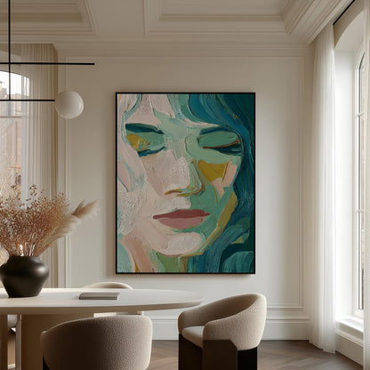 Green and Yellow Woman Face Portrait Textured Canvas Wall Art with Floating Frame