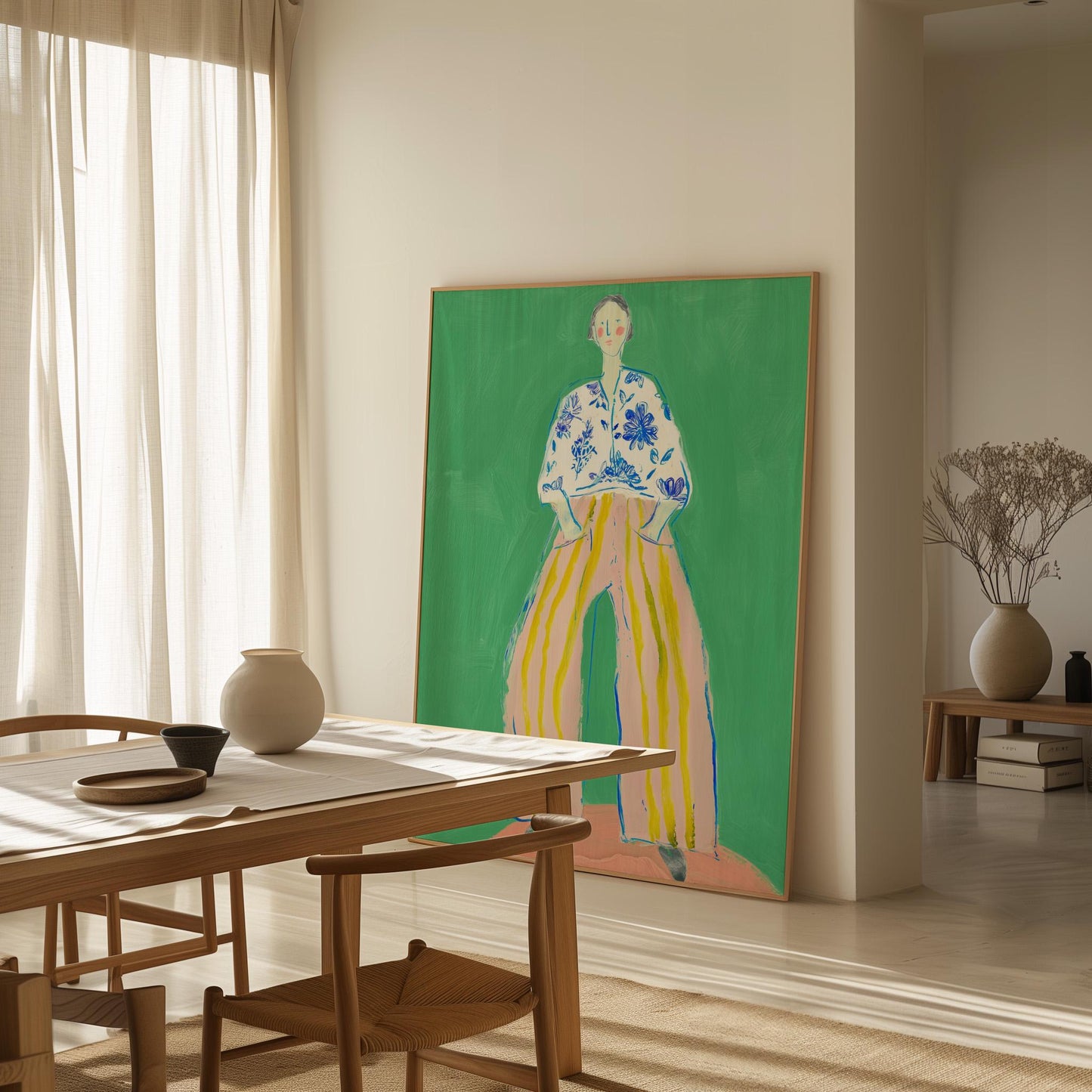 Figurative Woman Canvas Wall Art Green Background with Striped Pants and Floral Blouse Frame