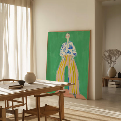 Figurative Woman Canvas Wall Art Green Background with Striped Pants and Floral Blouse Frame