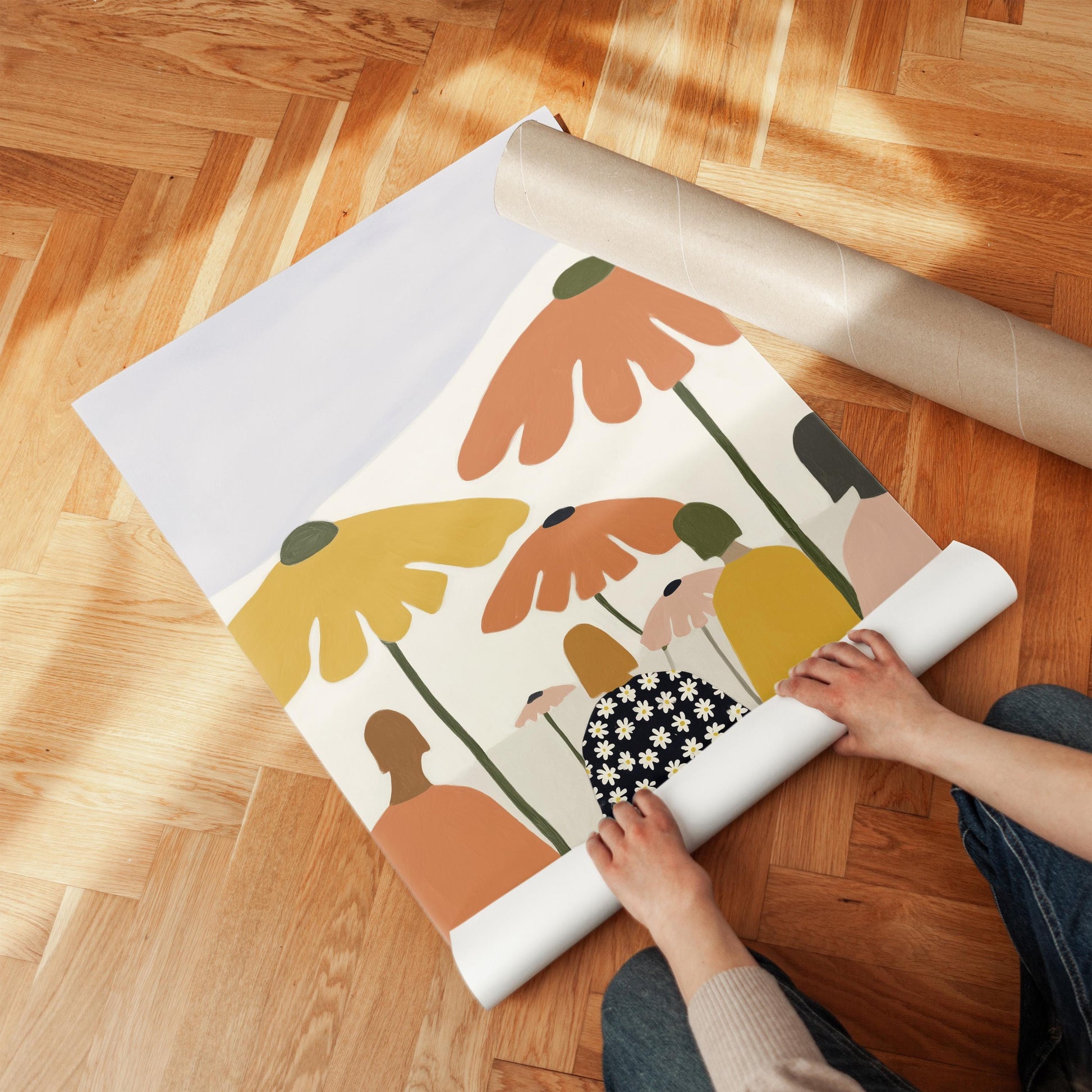 Orange and Yellow Flowers with Group Figures Figurative Canvas Wall Art Framed Painting