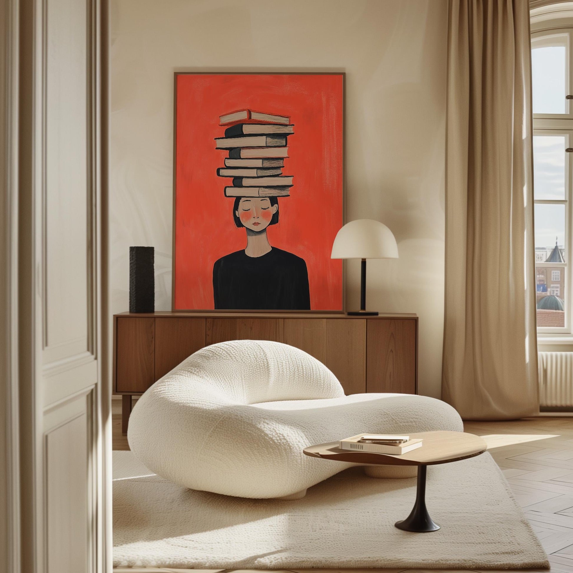 Figurative Canvas Wall Art Woman with Stack of Books on Head Red Background Framed Painting