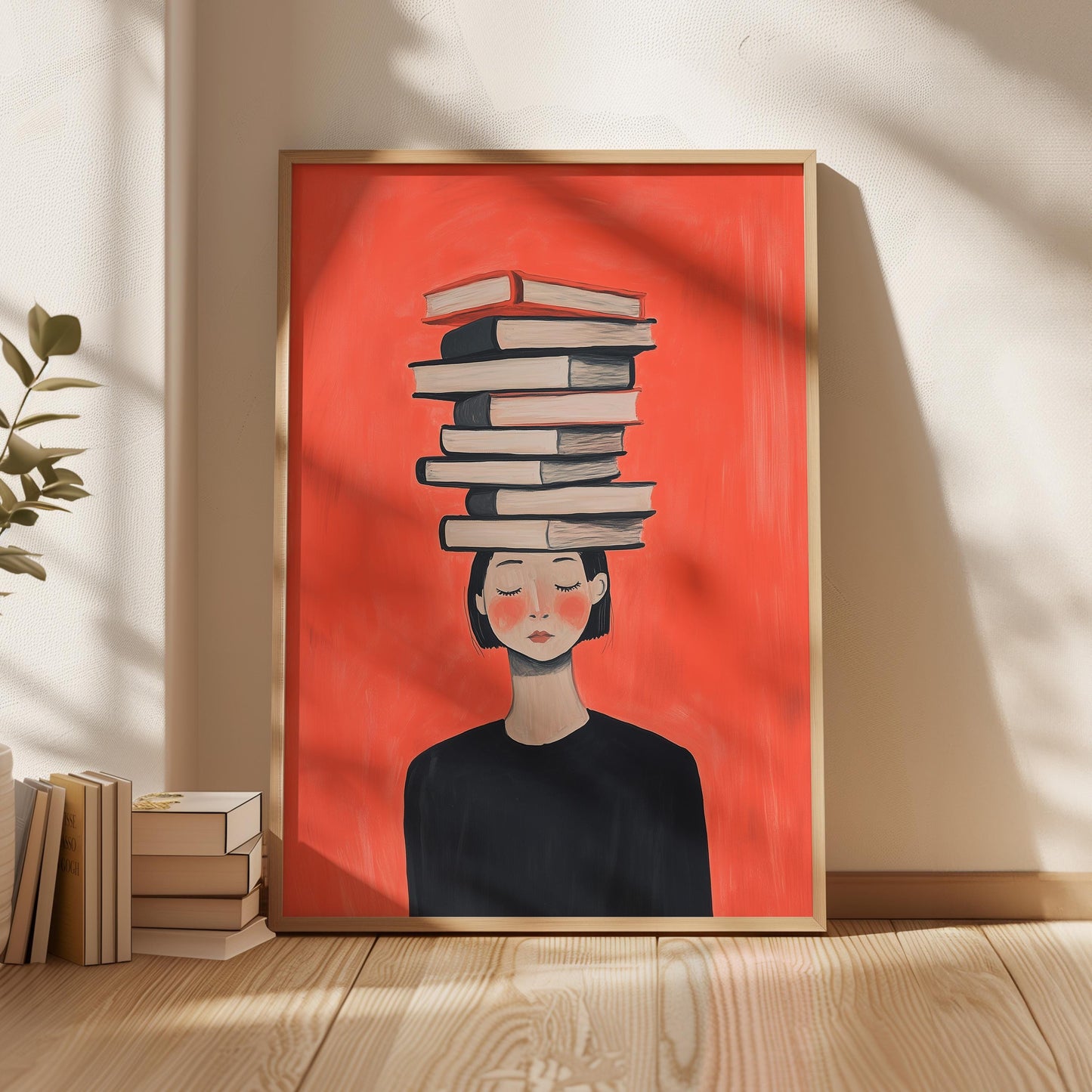 Figurative Canvas Wall Art Woman with Stack of Books on Head Red Background Framed Painting