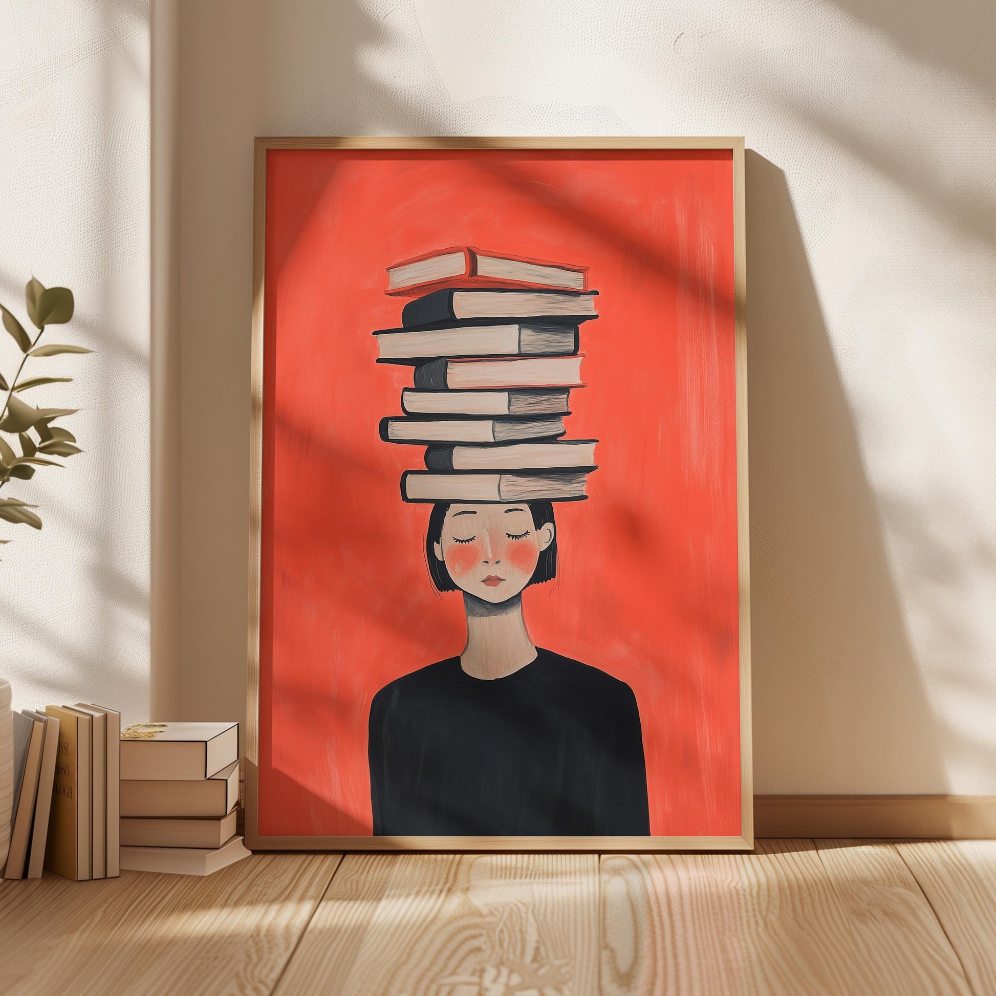 Figurative Canvas Wall Art Woman with Stack of Books on Head Red Background Framed Painting
