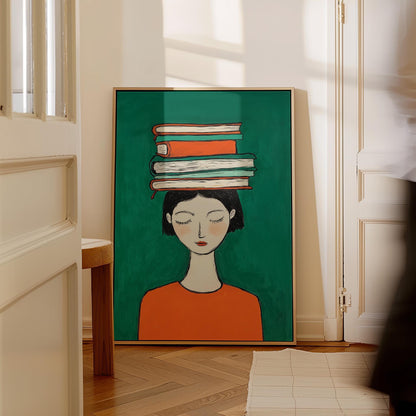 Figurative Canvas Wall Art Woman with Books on Head Green Background and Orange Dress Frame