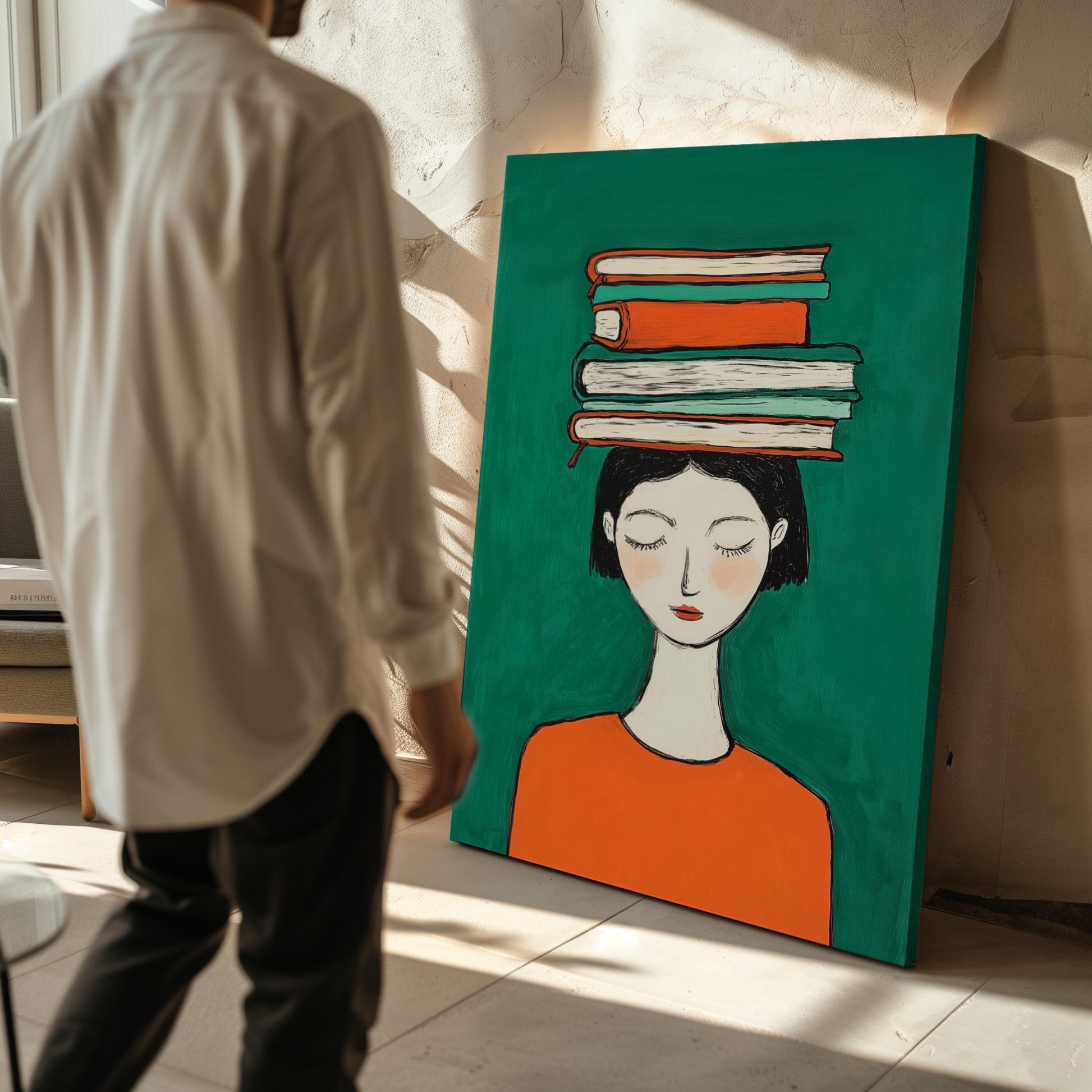 Figurative Canvas Wall Art Woman with Books on Head Green Background and Orange Dress Frame