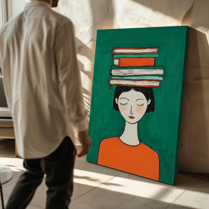 Figurative Canvas Wall Art Woman with Books on Head Green Background and Orange Dress Frame
