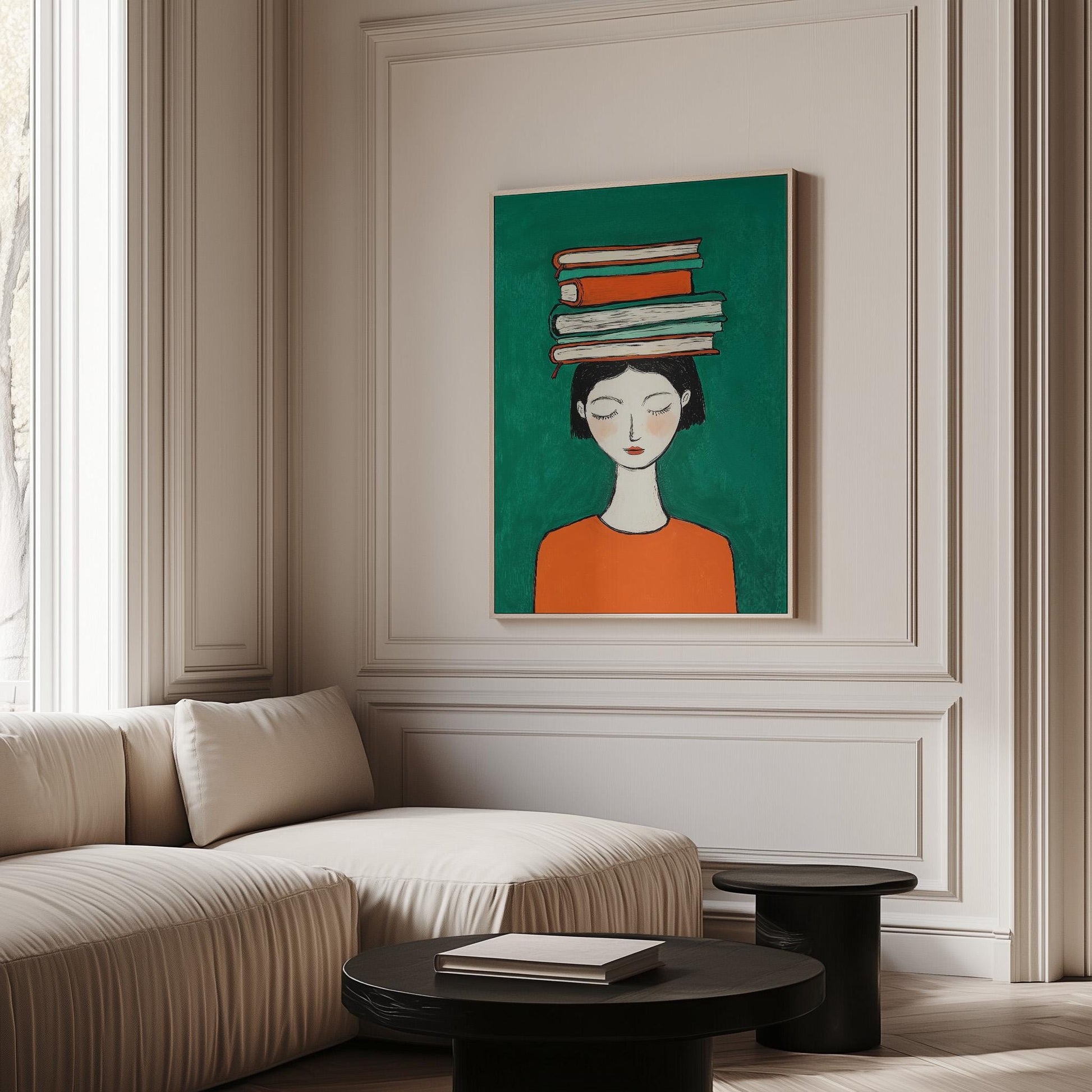 Figurative Canvas Wall Art Woman with Books on Head Green Background and Orange Dress Frame