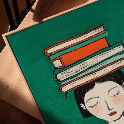 Figurative Canvas Wall Art Woman with Books on Head Green Background and Orange Dress Frame