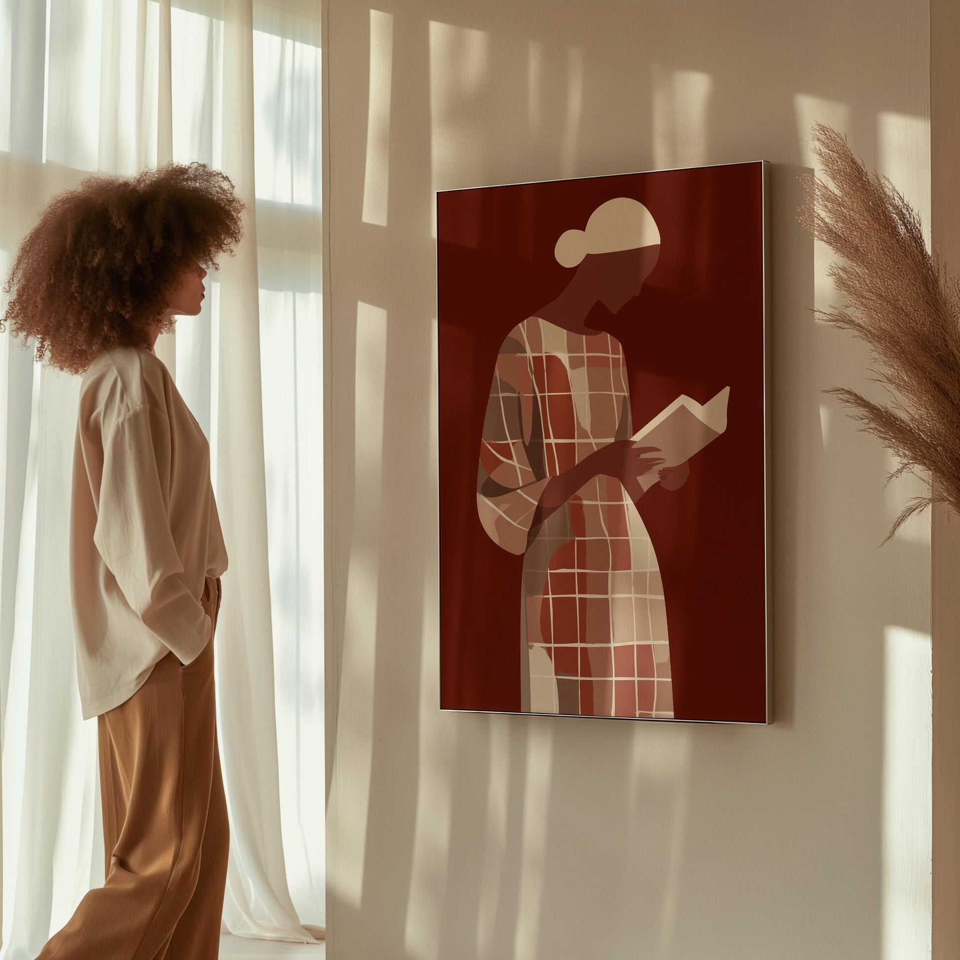 Figurative Canvas Wall Art Woman Reading Book in Checked Dress on Red Background Framed Painting
