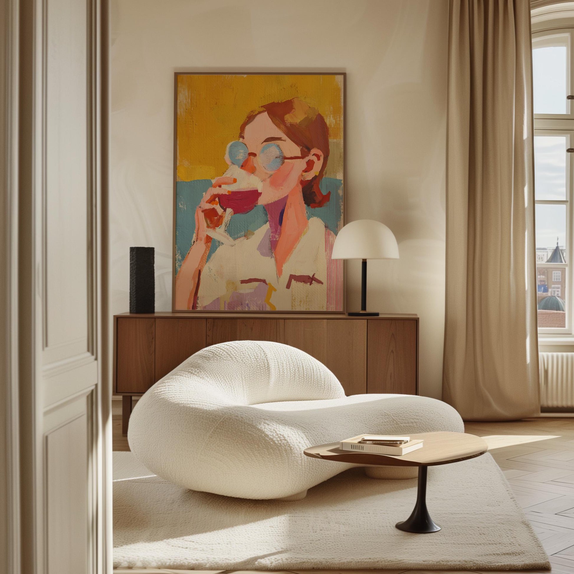 Figurative Canvas Wall Art Woman with Sunglasses Drinking Wine Colorful Abstract Framed Painting