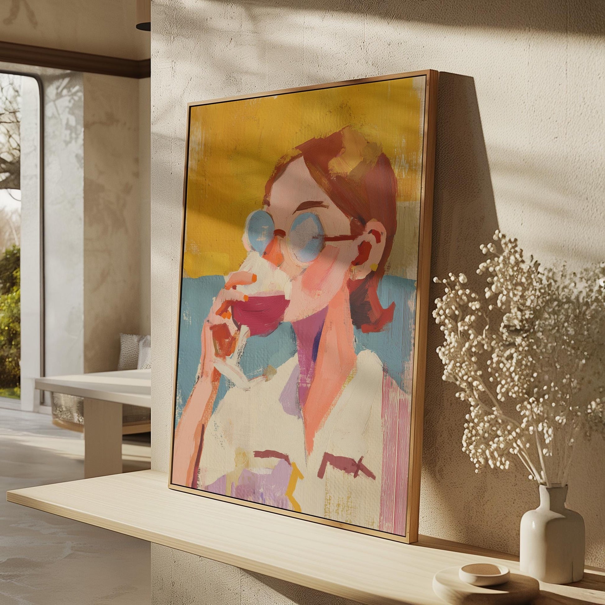 Figurative Canvas Wall Art Woman with Sunglasses Drinking Wine Colorful Abstract Framed Painting
