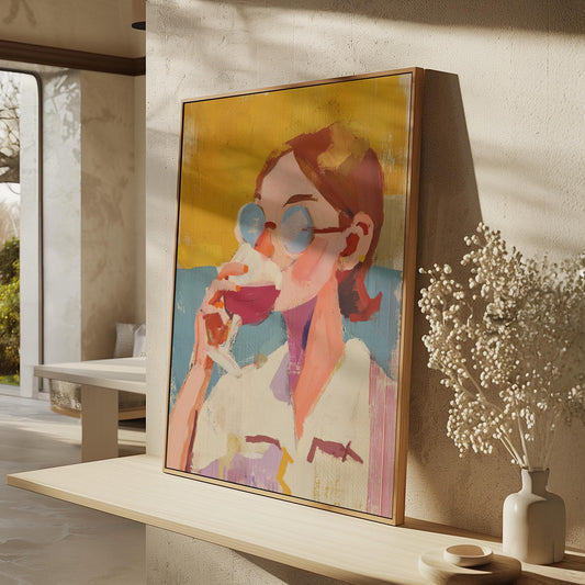 Figurative Canvas Wall Art Woman with Sunglasses Drinking Wine Colorful Abstract Framed Painting