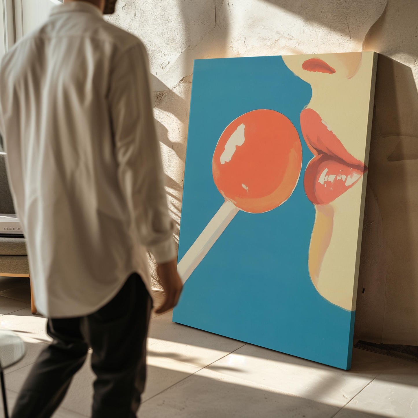 Pop Art Canvas Wall Art Red Lollipop and Lips on Blue Background Modern Figurative Framed Painting