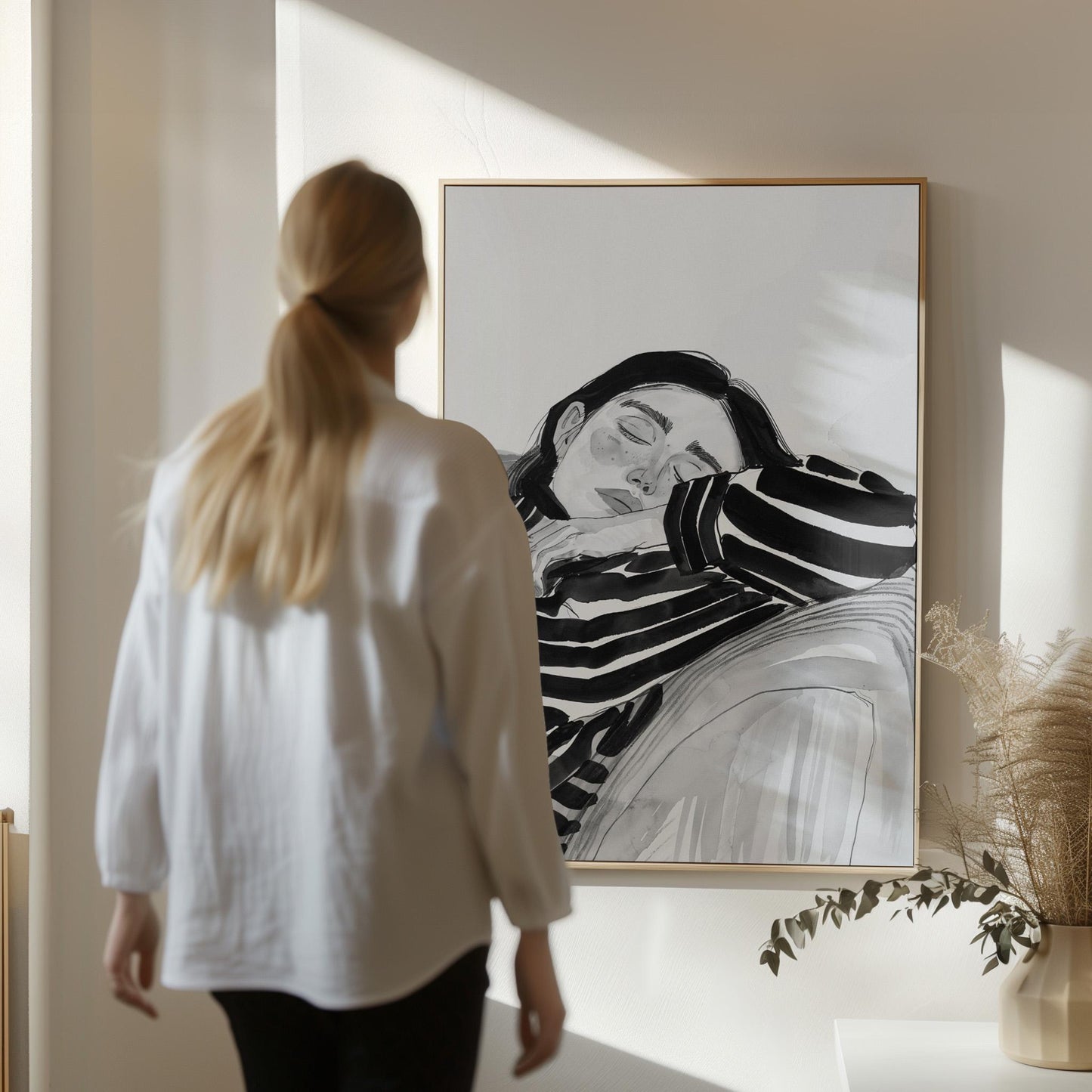 Figurative Canvas Wall Art Woman Resting in Black and White Striped Shirt Modern Framed Painting