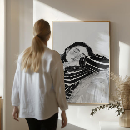 Figurative Canvas Wall Art Woman Resting in Black and White Striped Shirt Modern Framed Painting