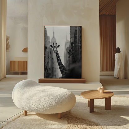 Black and White Canvas Wall Art Giraffe in City Street with Empire State Building Framed Print
