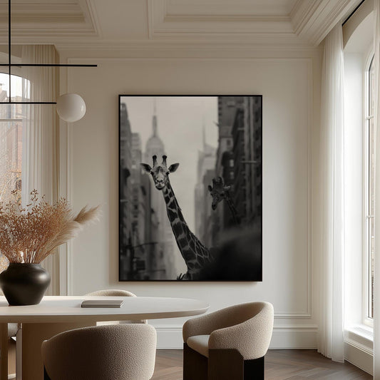 Black and White Canvas Wall Art Giraffe in City Street with Empire State Building Framed Print