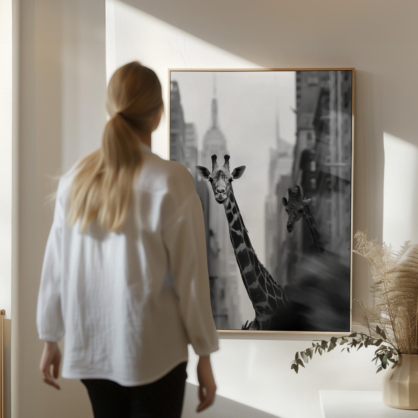 Black and White Canvas Wall Art Giraffe in City Street with Empire State Building Framed Print