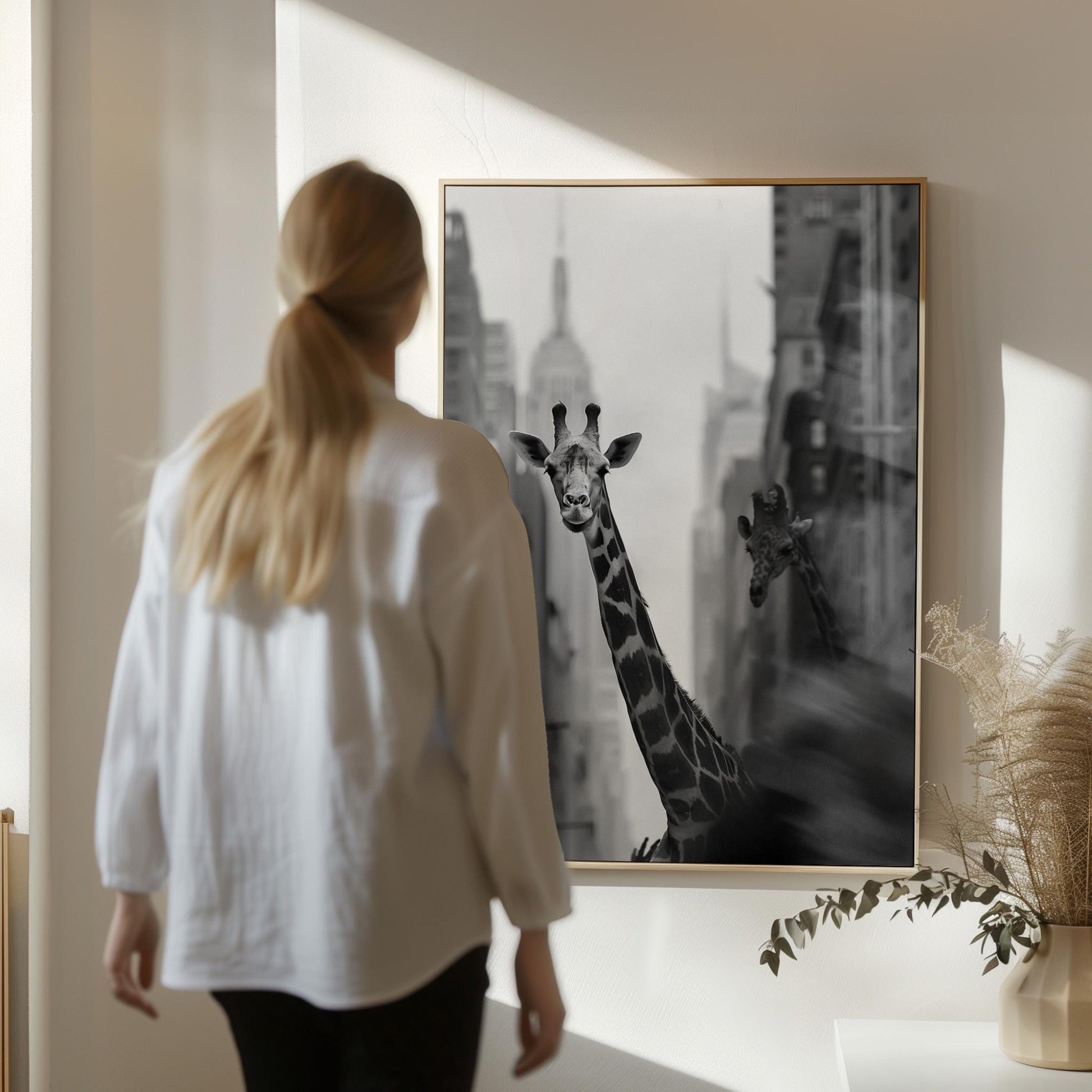 Black and White Canvas Wall Art Giraffe in City Street with Empire State Building Framed Print
