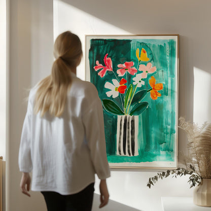 Floral Canvas Wall Art Colorful Bouquet of Flowers in Striped Vase on Green Background Framed Print