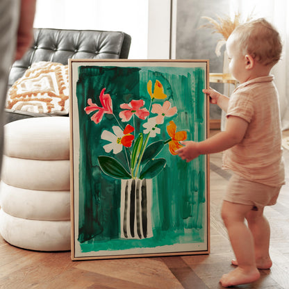 Floral Canvas Wall Art Colorful Bouquet of Flowers in Striped Vase on Green Background Framed Print