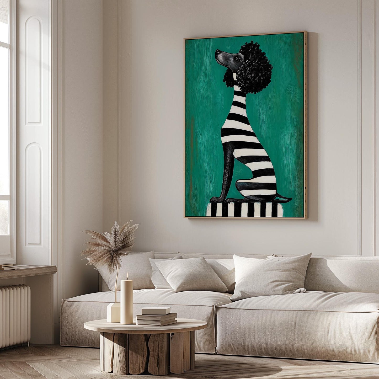 Animal Canvas Wall Art Black Poodle Dog in Striped Outfit on Green Background Framed Painting