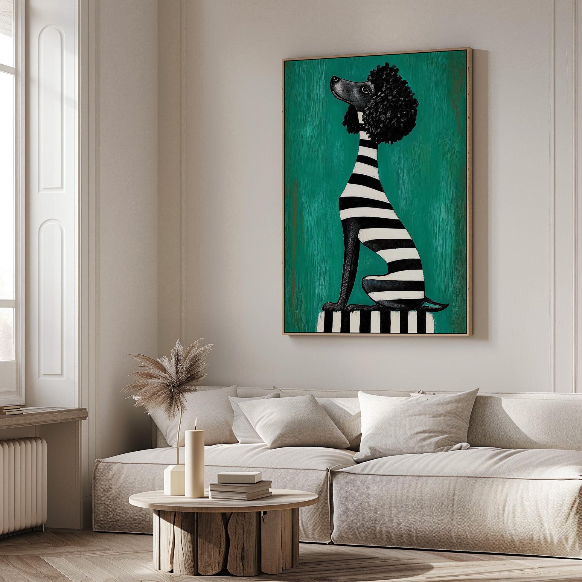 Animal Canvas Wall Art Black Poodle Dog in Striped Outfit on Green Background Framed Painting