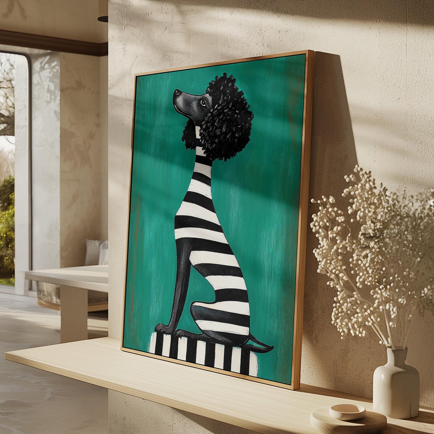Animal Canvas Wall Art Black Poodle Dog in Striped Outfit on Green Background Framed Painting