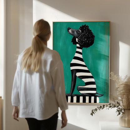 Animal Canvas Wall Art Black Poodle Dog in Striped Outfit on Green Background Framed Painting