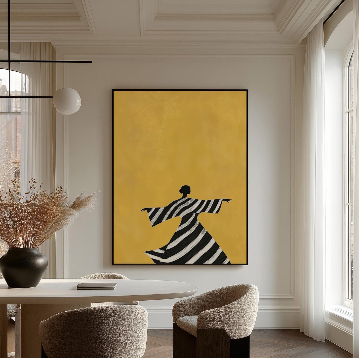 Figurative Canvas Wall Art Woman Dancing in Black and White Striped Dress on Yellow Background Frame