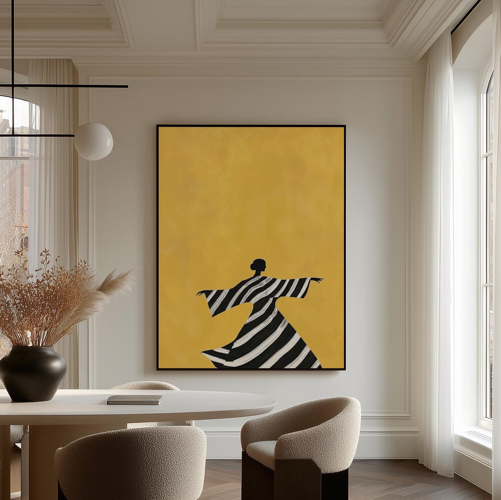 Figurative Canvas Wall Art Woman Dancing in Black and White Striped Dress on Yellow Background Frame