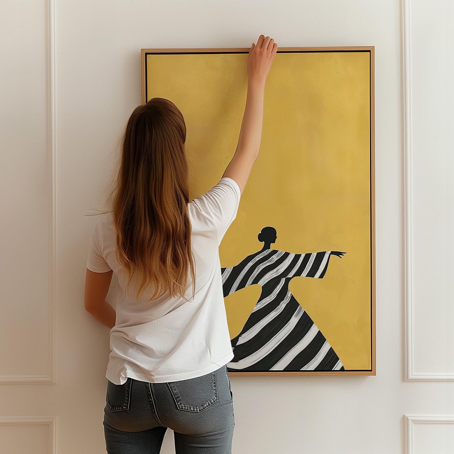 Figurative Canvas Wall Art Woman Dancing in Black and White Striped Dress on Yellow Background Frame