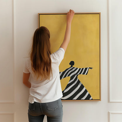 Figurative Canvas Wall Art Woman Dancing in Black and White Striped Dress on Yellow Background Frame