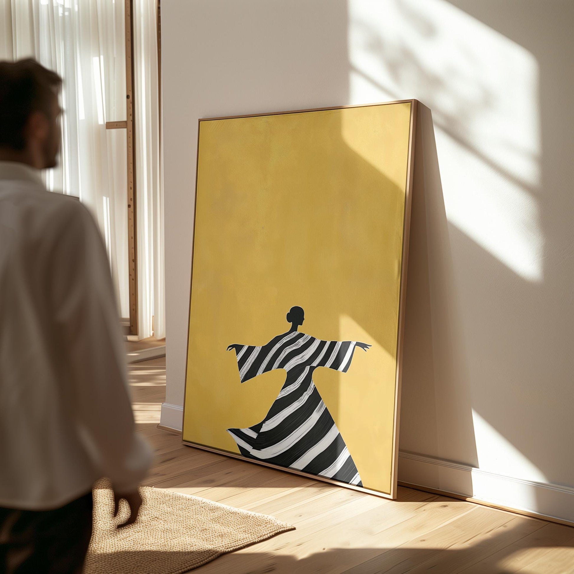 Figurative Canvas Wall Art Woman Dancing in Black and White Striped Dress on Yellow Background Frame