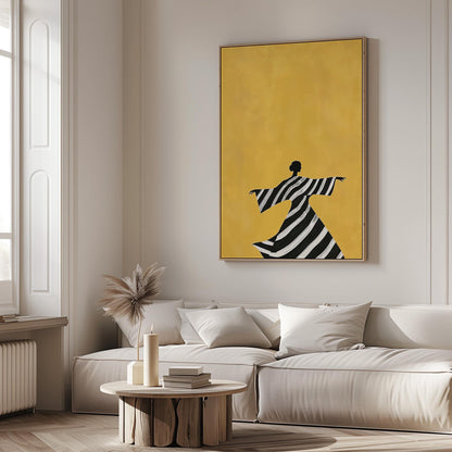 Figurative Canvas Wall Art Woman Dancing in Black and White Striped Dress on Yellow Background Frame