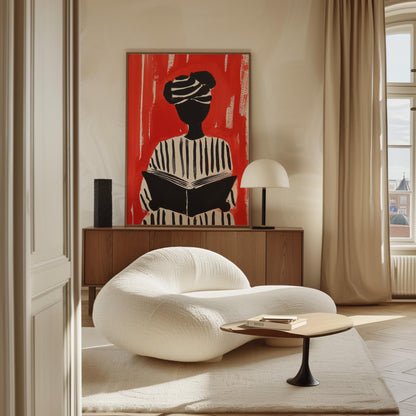 Figurative Canvas Wall Art Woman Reading in Black and White Striped Outfit on Red Background Frame