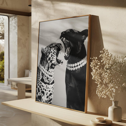 Animal Canvas Wall Art Leopard and Black Panther with Pearl Necklaces Black and White Framed Print