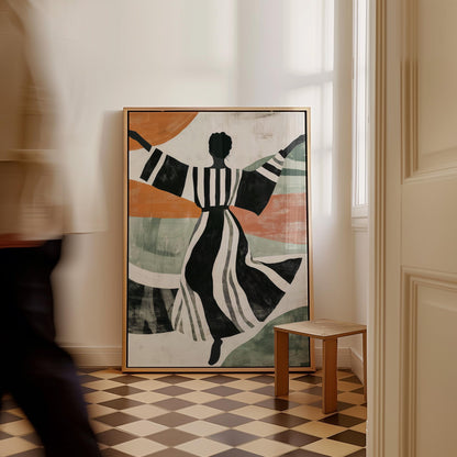 Figurative Canvas Wall Art Woman Dancing in Black and White Striped Dress with Abstract Background Frame