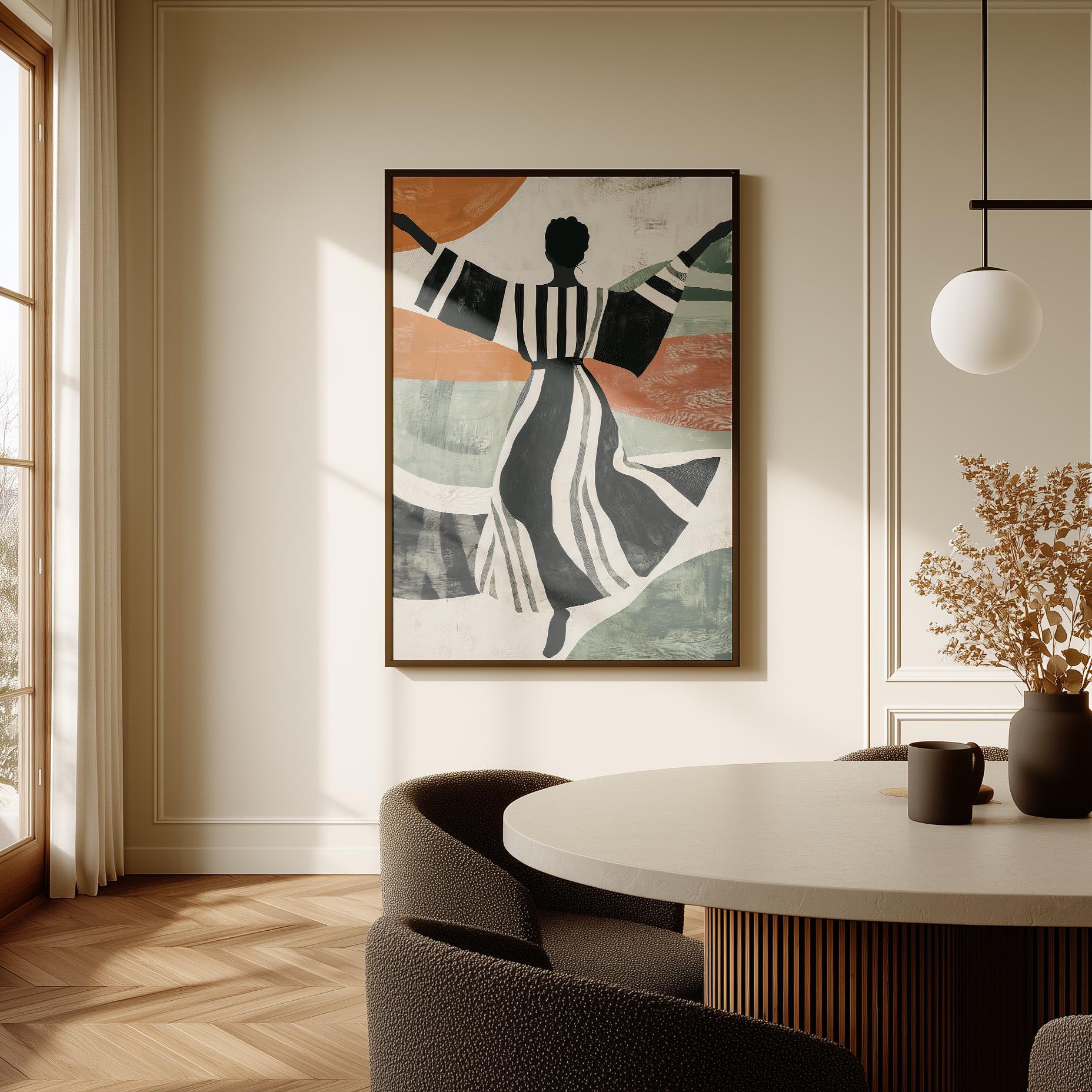 Figurative Canvas Wall Art Woman Dancing in Black and White Striped Dress with Abstract Background Frame