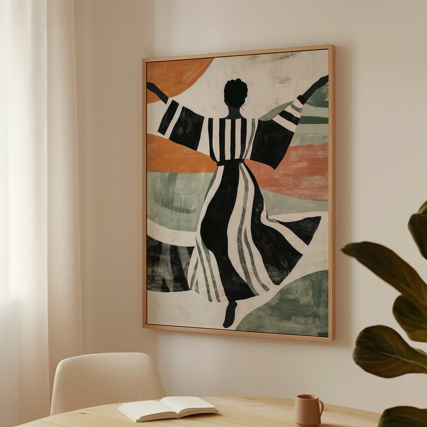 Figurative Canvas Wall Art Woman Dancing in Black and White Striped Dress with Abstract Background Frame