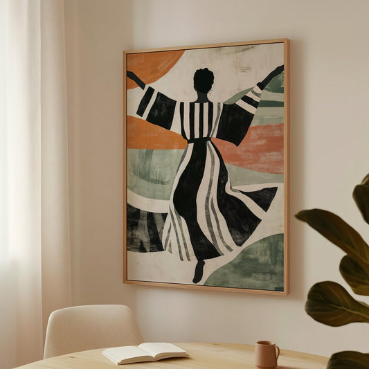 Figurative Canvas Wall Art Woman Dancing in Black and White Striped Dress with Abstract Background Frame