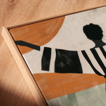 Figurative Canvas Wall Art Woman Dancing in Black and White Striped Dress with Abstract Background Frame