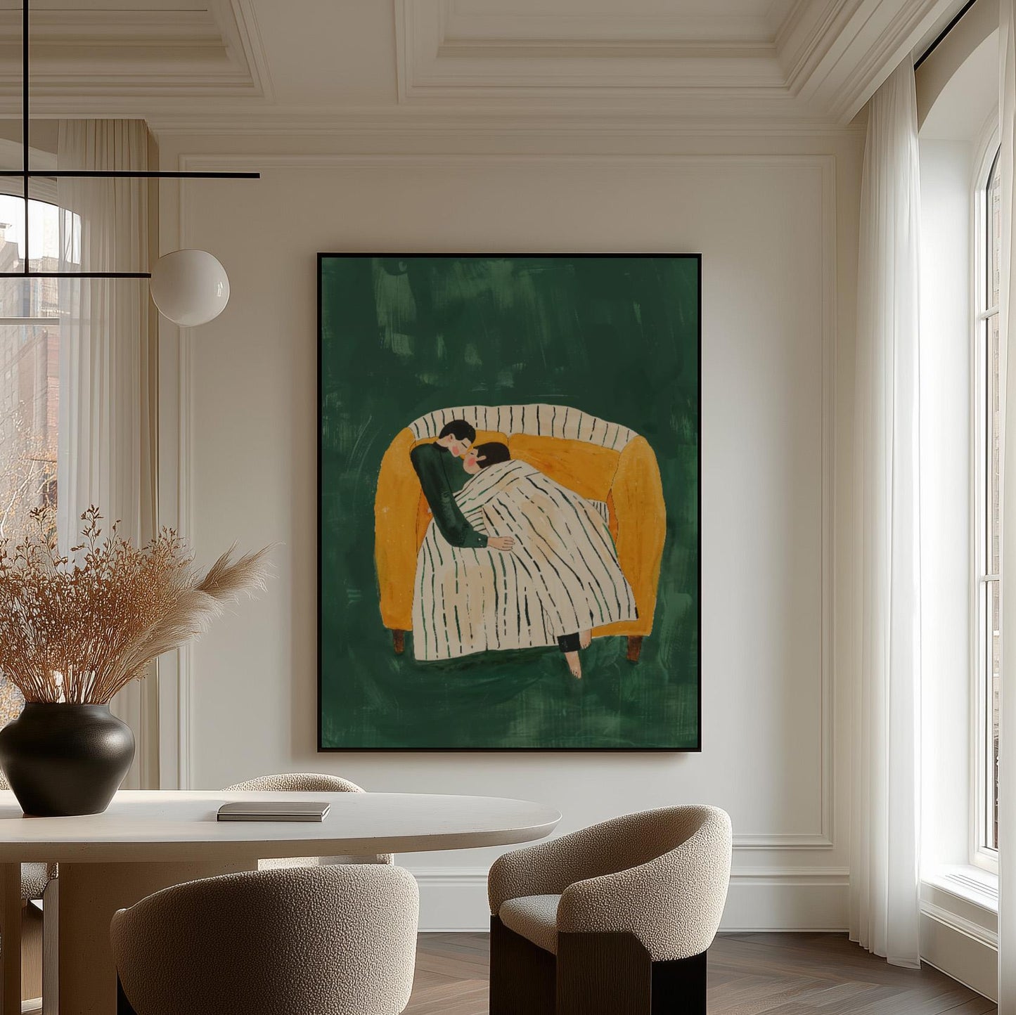 Figurative Canvas Wall Art Couple Embracing on Sofa with Striped Blanket Green Background Frame