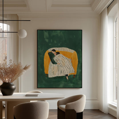 Figurative Canvas Wall Art Couple Embracing on Sofa with Striped Blanket Green Background Frame