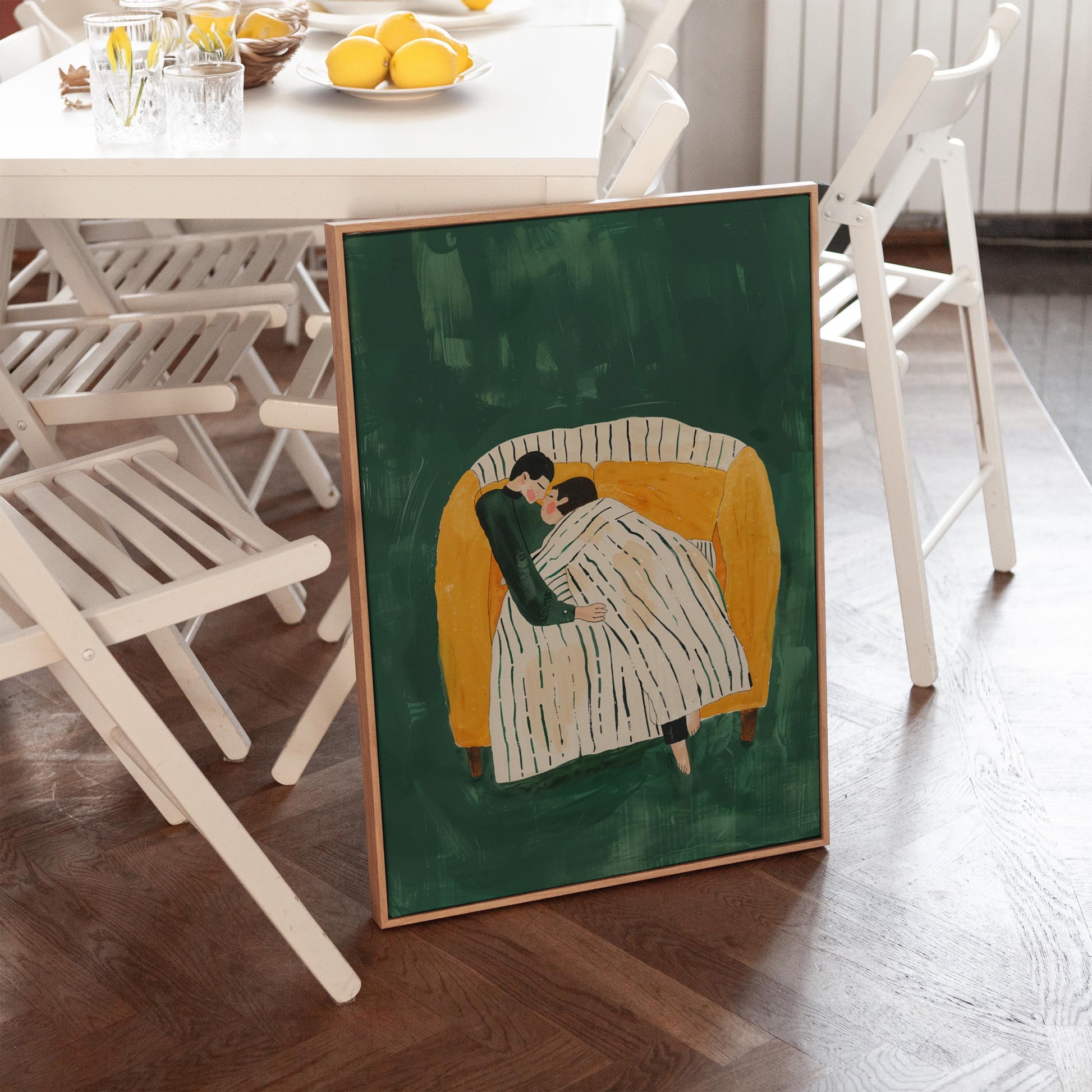 Figurative Canvas Wall Art Couple Embracing on Sofa with Striped Blanket Green Background Frame