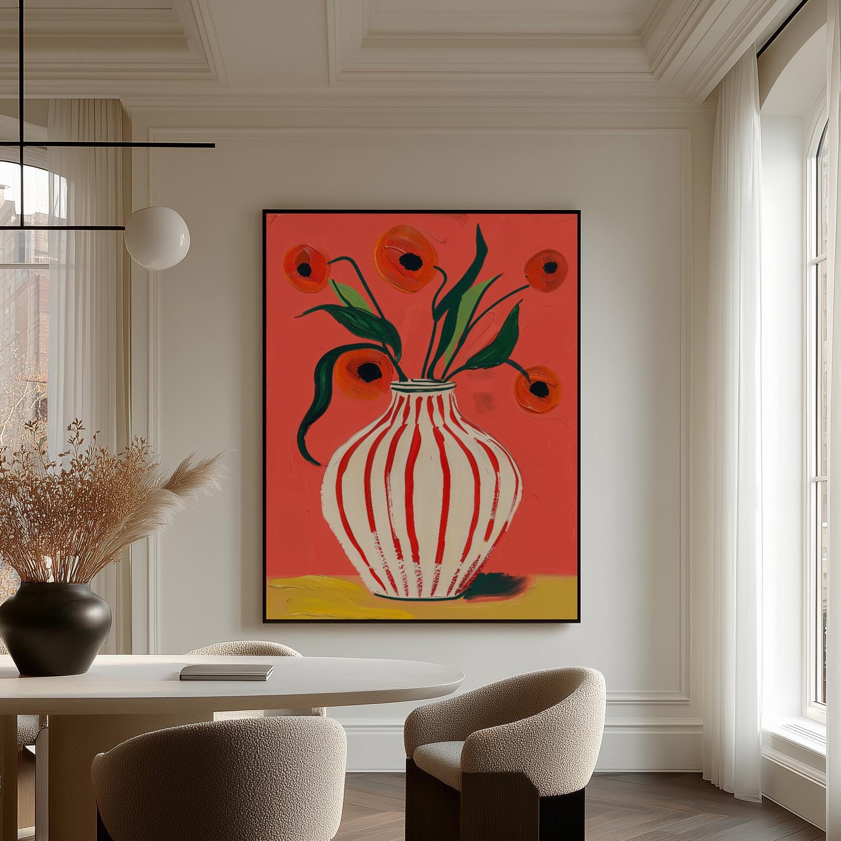 Floral Canvas Wall Art Red Poppies in Striped White Vase on Pink Background Modern Framed Painting