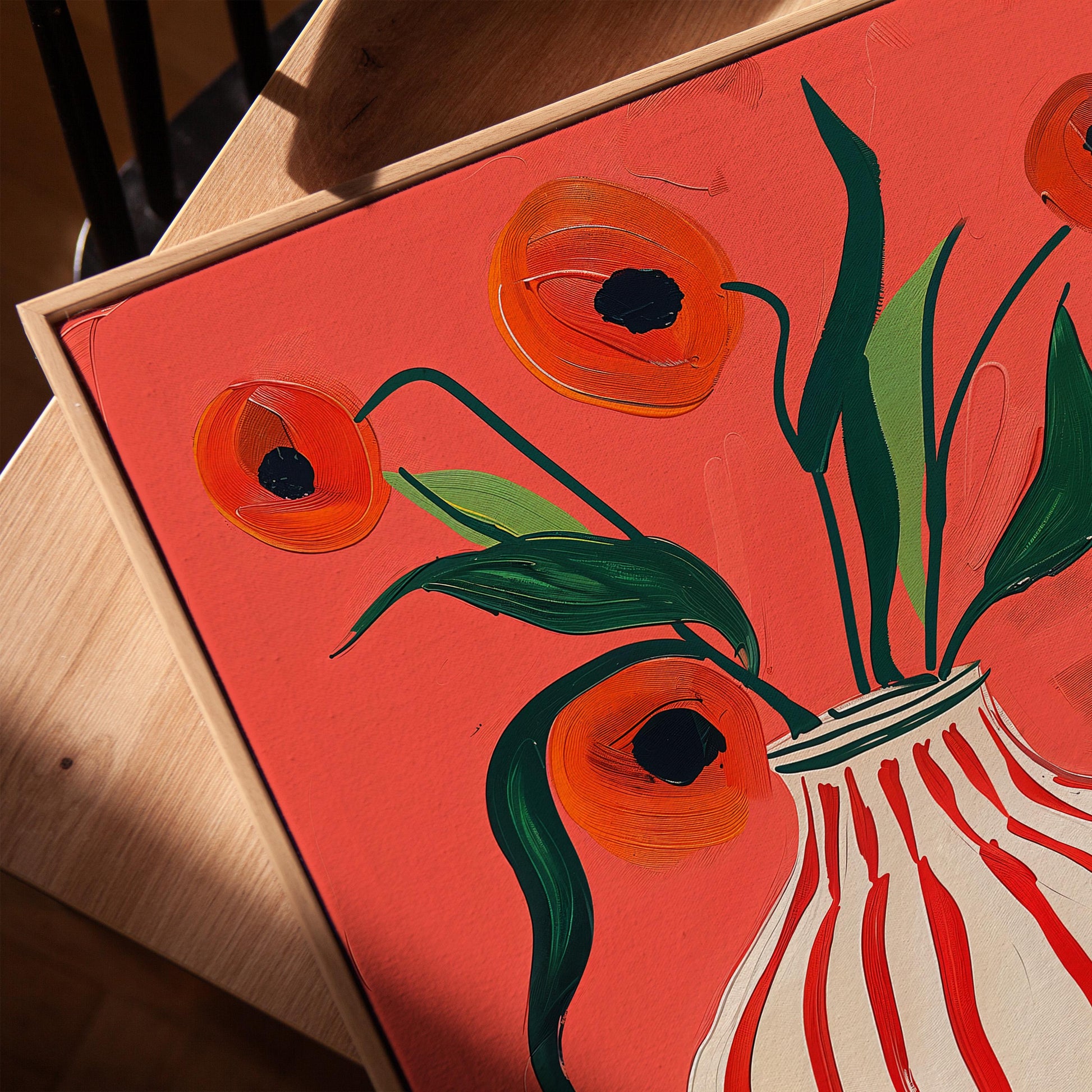 Floral Canvas Wall Art Red Poppies in Striped White Vase on Pink Background Modern Framed Painting