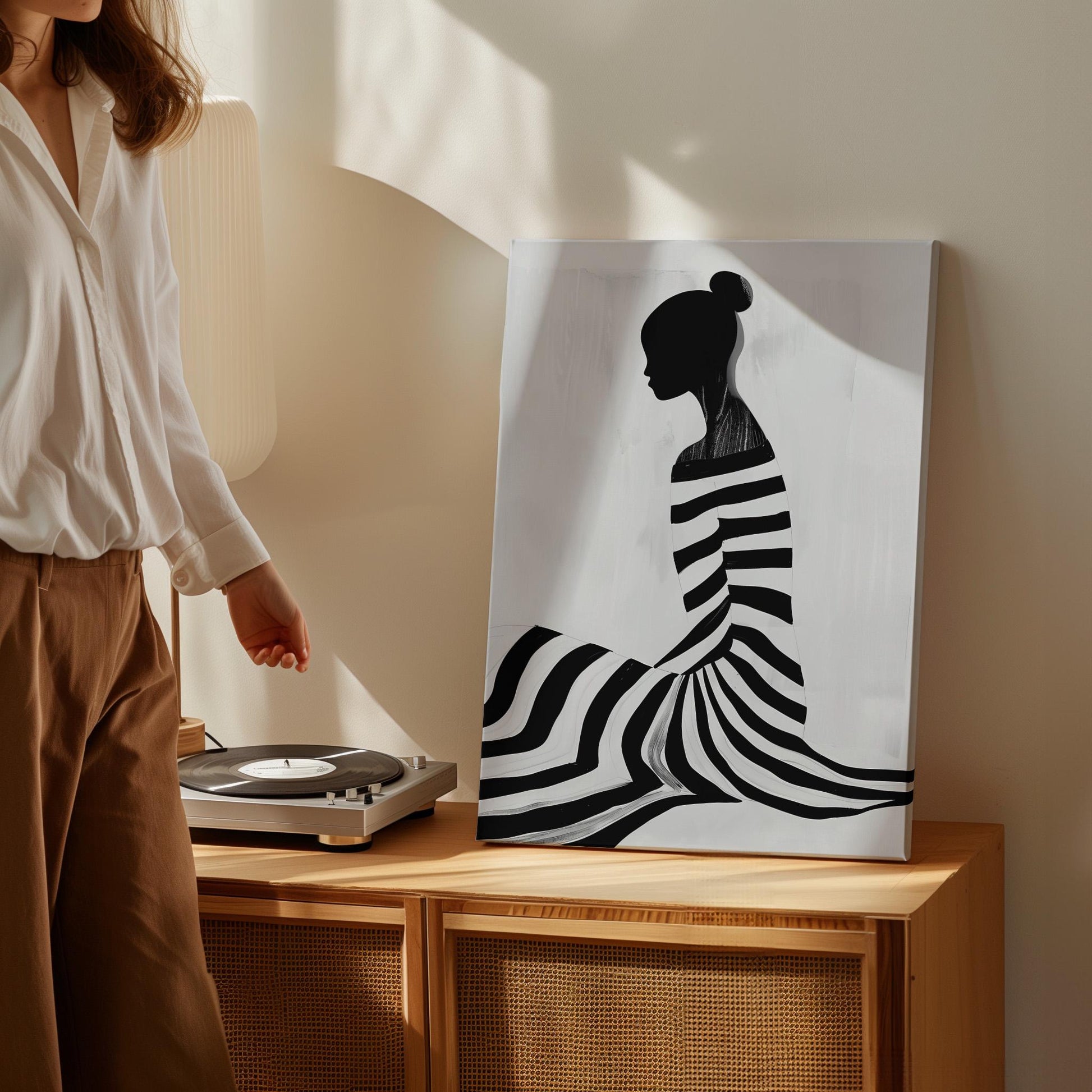 Figurative Canvas Wall Art Woman Sitting in Black and White Striped Dress Modern Framed Painting